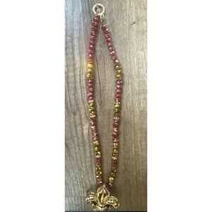 Handcrafted Red & Gold Beaded Fleur-De-Lis Necklace